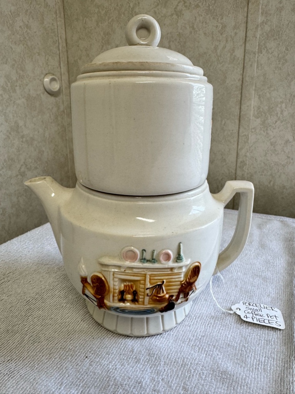 VINTAGE PORCELIER Vitreous China Teapot Colonial Hearth Scene TEA COFFEE DRIP